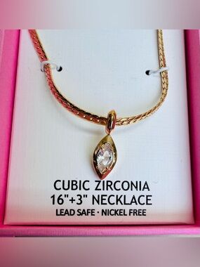 Gold Marquise Cubic Zirconia Drop Bezel Pendant Necklace